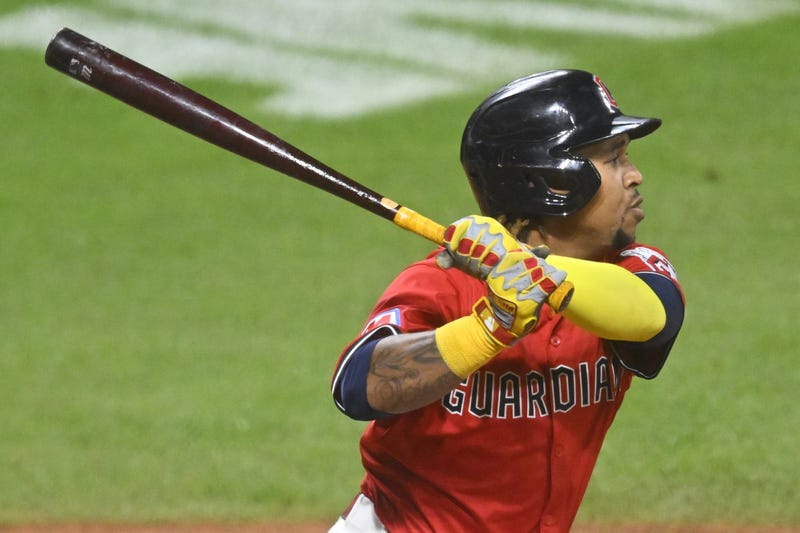 Sep 24, 2025; Cleveland, Ohio, USA; Cleveland Guardians third baseman Jose Ramirez (11) hits an RBI double in the seventh inning against the Detroit Tigers at Progressive Field.