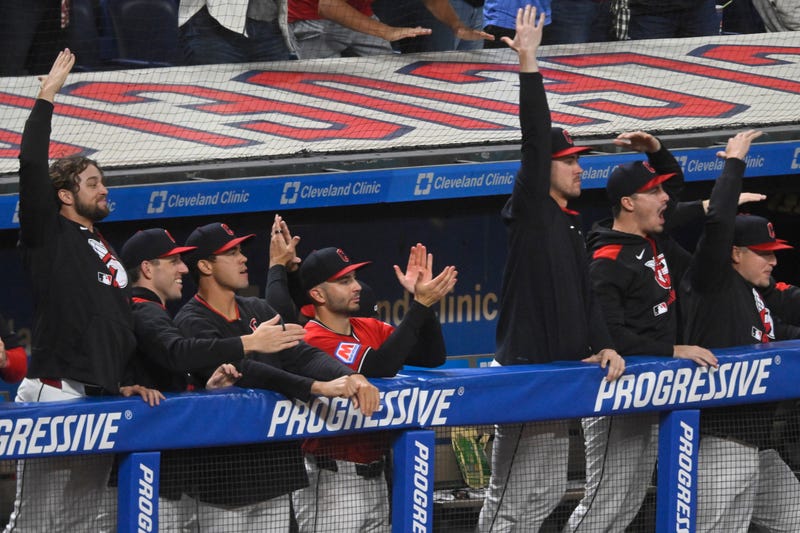 Sep 24, 2025; Cleveland, Ohio, USA; The Cleveland Guardians celebrate in the seventh inning against the Detroit Tigers at Progressive Field
