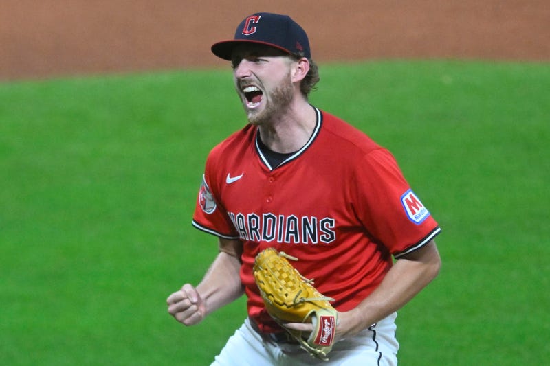 Cleveland Guardians starting pitcher Tanner Bibee (28) celebrates at the end of the sixth inning against the Detroit Tigers at Progressive Field.