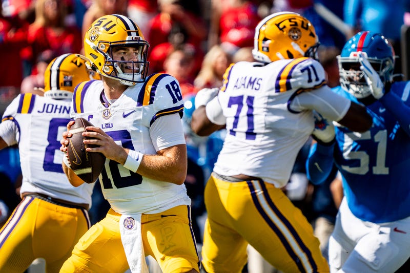 LSU quarterback Garrett Nussmeier drops back to pass against Ole Miss