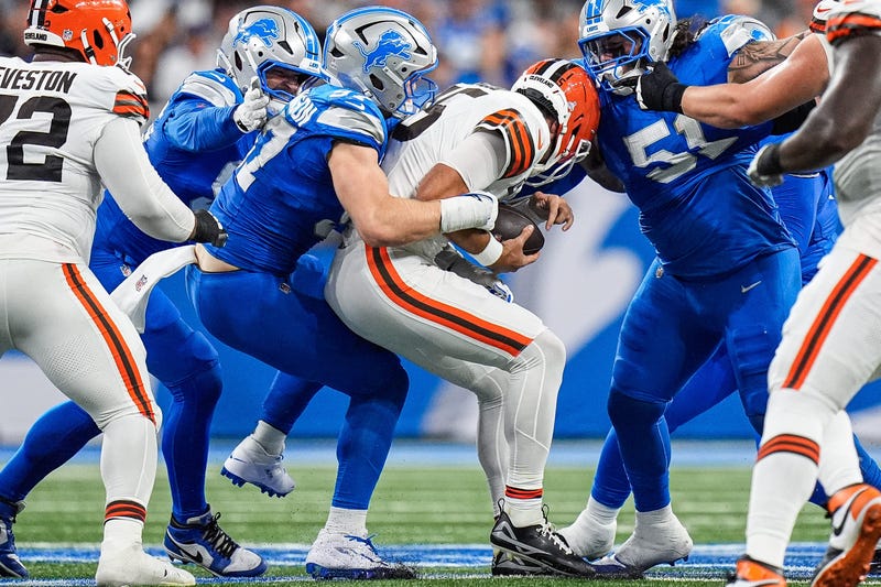 Detroit Lions defensive end Aidan Hutchinson (97) sacked Cleveland Browns quarterback Joe Flacco (15) during the first half at Ford Field in Detroit on Sunday, Sept. 28, 2025. © Junfu Han / USA TODAY NETWORK via Imagn Images