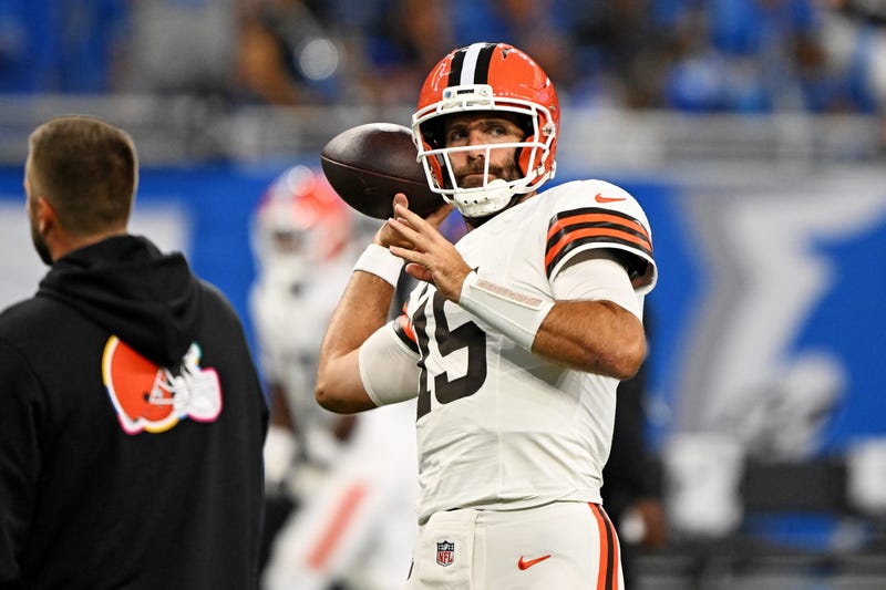 Sep 28, 2025; Detroit, Michigan, USA; Cleveland Browns quarterback Joe Flacco (15) warms up before the game against the Detroit Lions at Ford Field. 
