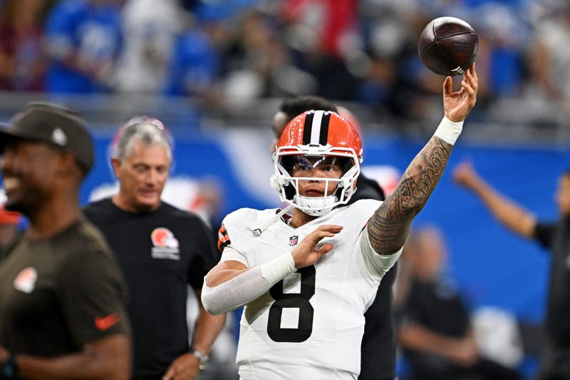 Sep 28, 2025; Detroit, Michigan, USA; Cleveland Browns quarterback Dillon Gabriel (8) warms up before the game against the Detroit Lions at Ford Field.