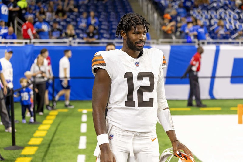 Sep 28, 2025; Detroit, Michigan, USA; Cleveland Browns quarterback Shedeur Sanders (12) warms up before the game against the Detroit Lions at Ford Field. 