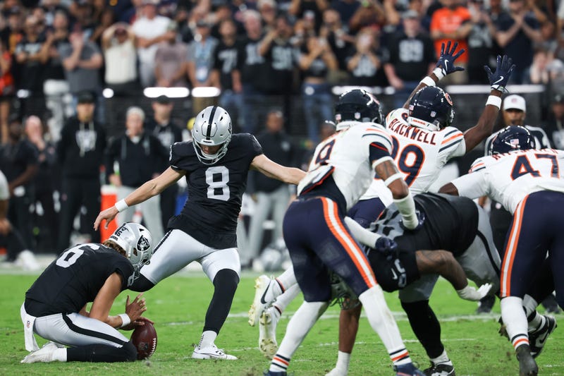 Sep 28, 2025; Paradise, Nevada, USA; Las Vegas Raiders kicker Daniel Carlson (8) attempts a field goal kick during the second half against the Chicago Bears at Allegiant Stadium. Mandatory Credit: Kiyoshi Mio-Imagn Images