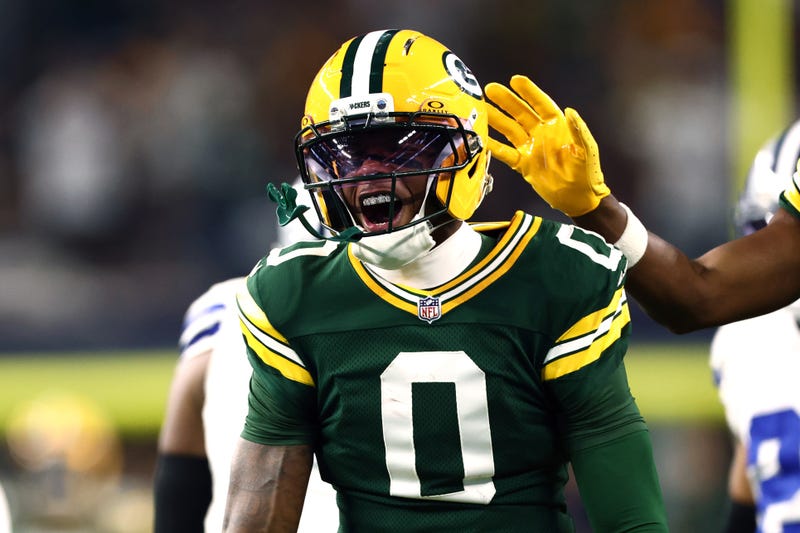 Sep 28, 2025; Arlington, Texas, USA; Green Bay Packers wide receiver Matthew Golden (0) reacts in the first quarter against the Dallas Cowboys at AT&T Stadium. Mandatory Credit: Kevin Jairaj-Imagn Images