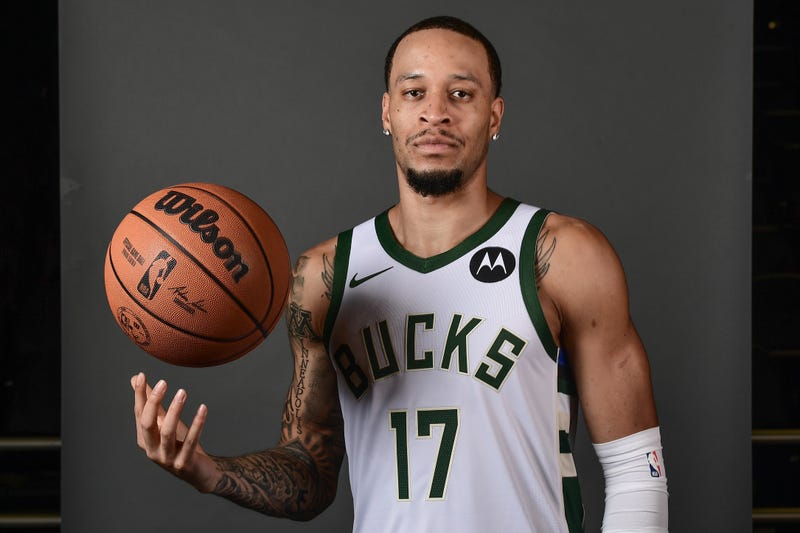 Sep 29, 2025; Milwaukee, WI, USA; Milwaukee Bucks forward Amir Coffey (17) poses for a picture during Milwaukee Bucks Media Day at the Fiserv Forum. Mandatory Credit: Benny Sieu-Imagn Images