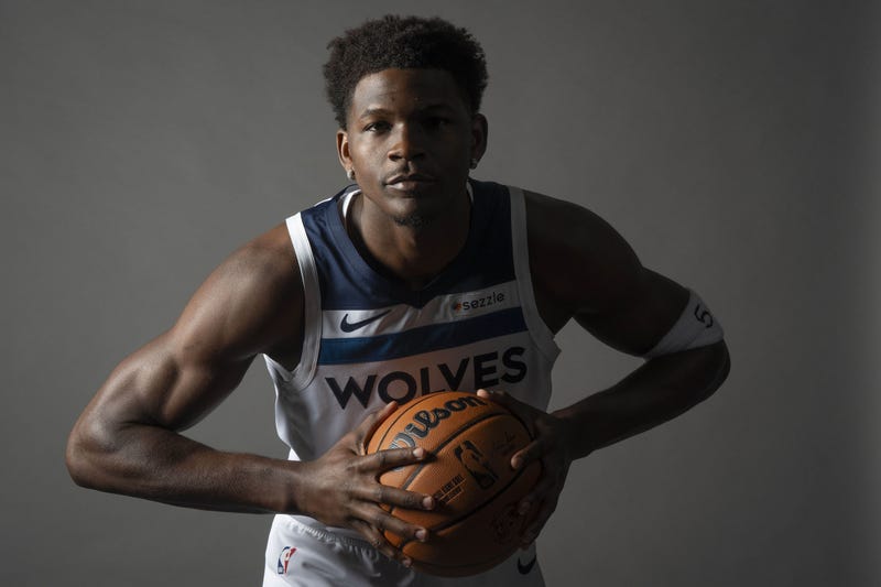 Minnesota Timberwolves guard Anthony Edwards (5) poses for a photograph as part of media day at Target Center.