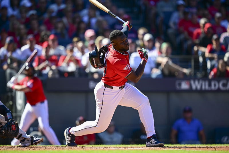 Sep 30, 2025; Cleveland, Ohio, USA; Cleveland Guardians outfielder Jhonkensy Noel (43) strikes out swinging against the Detroit Tigers in the third inning during game one of the Wildcard round for the 2025 MLB playoffs at Progressive Field.