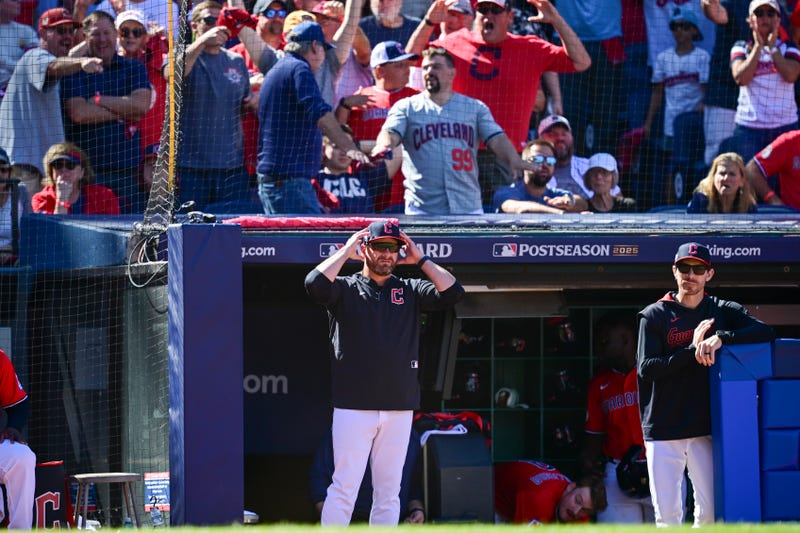 Sep 30, 2025; Cleveland, Ohio, USA; Cleveland Guardians manager Stephen Vogt (12) calls for a video review on a run scored against the Detroit Tigers in the fourth inning during game one of the Wildcard round for the 2025 MLB playoffs at Progressive Field. Mandatory Credit: David Dermer-Imagn Images