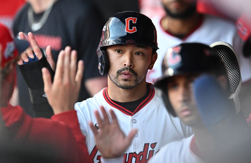Oct 2, 2025; Cleveland, Ohio, USA; Cleveland Guardians outfielder Steven Kwan (38) celebrates with teammates after scoring in the eighth inning against the Detroit Tigers during game three of the Wildcard round for the 2025 MLB playoffs at Progressive Field. 