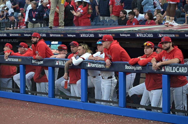 Oct 2, 2025; Cleveland, Ohio, USA; Cleveland Guardians react after losing the Wildcard round series to the Detroit Tigers for the 2025 MLB playoffs at Progressive Field. Mandatory Credit: Ken Blaze-Imagn Images