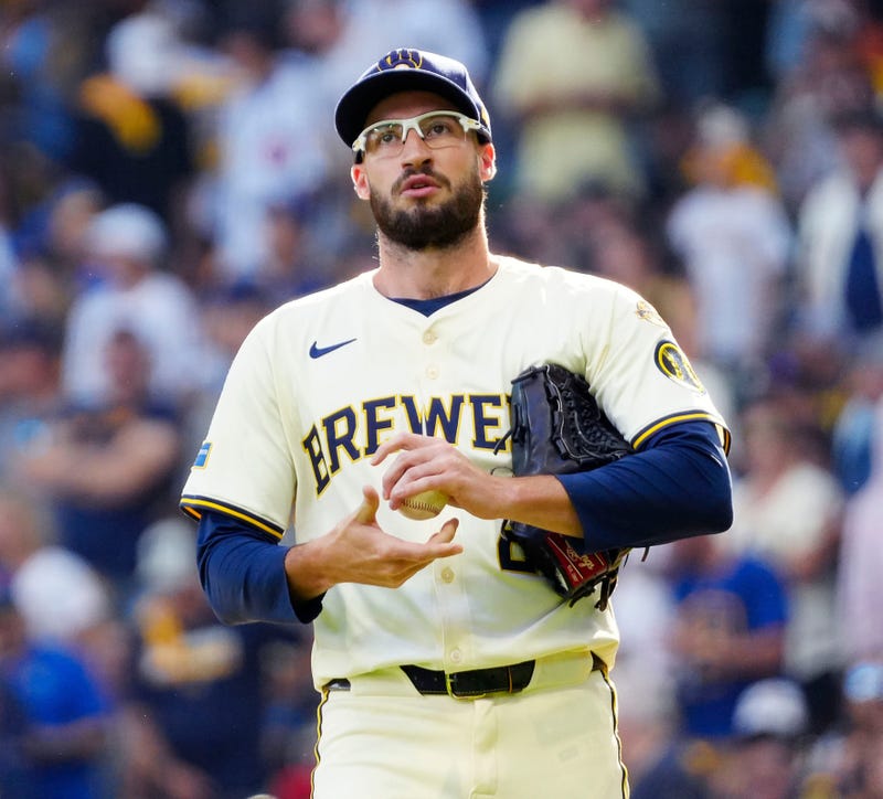 Milwaukee Brewers pitcher Aaron Ashby (26) enters for Milwaukee Brewers pitcher Freddy Peralta (51) during the sixth inning of their National League Division Series game against the Chicago Cubs on Saturday October 4, 2025 at American Family Field in Milwaukee, Wisconsin.