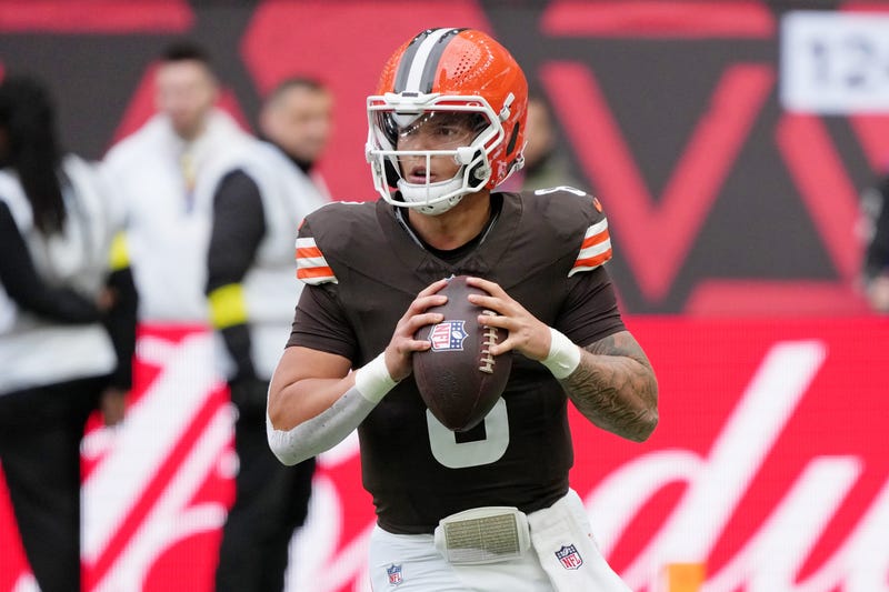 Oct 5, 2025; Tottenham, United Kingdom; Cleveland Browns quarterback Dillon Gabriel (8) looks to pass the ball against the Minnesota Vikings during the second quarter of an NFL International Series game at Tottenham Hotspur Stadium.