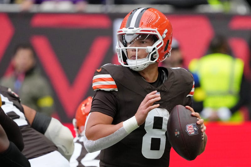 Oct 5, 2025; Tottenham, United Kingdom; Cleveland Browns quarterback Dillon Gabriel (8) looks to pass the ball against the Minnesota Vikings during the second quarter of an NFL International Series game at Tottenham Hotspur Stadium.