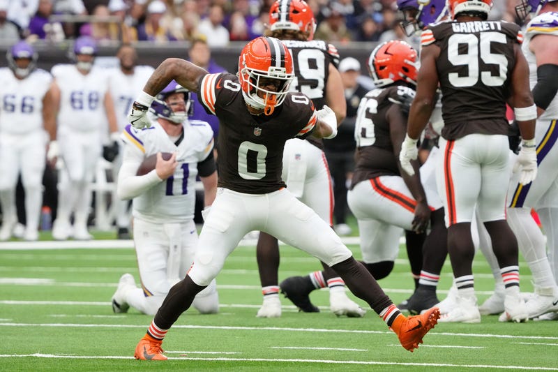Cleveland Browns cornerback Greg Newsome II (0) celebrates after a play against the Minnesota Vikings during the fourth quarter of an NFL International Series game at Tottenham Hotspur Stadium.