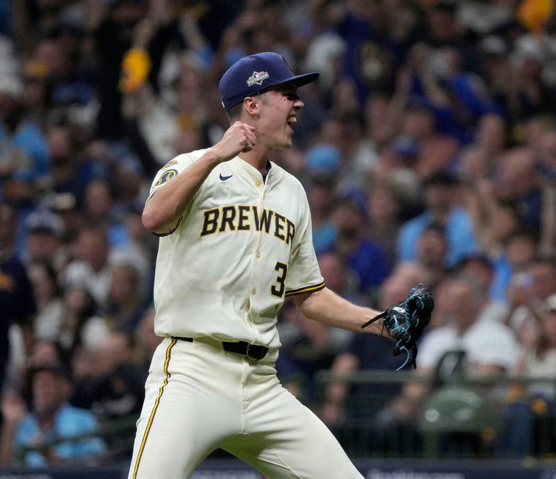 Milwaukee Brewers pitcher Jacob Misiorowski (32) celebrates the third out, Chicago Cubs left fielder Ian Happ (8) fouling out to left, during the fifth inning of the National League Division Series game at American Family Field in Milwaukee, Wisconsin on Oct. 6, 2025.