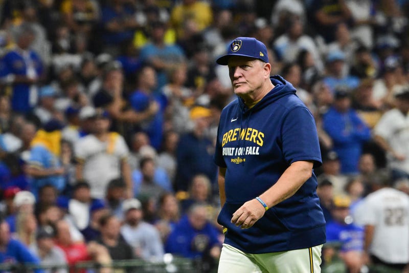 Oct 6, 2025; Milwaukee, Wisconsin, USA; Milwaukee Brewers manager Pat Murphy (49) walks back to the dugout after making a pitching change during the eighth inning against the Chicago Cubs during game two of the NLDS round for the 2025 MLB playoffs at American Family Field. Mandatory Credit: Benny Sieu-Imagn Images