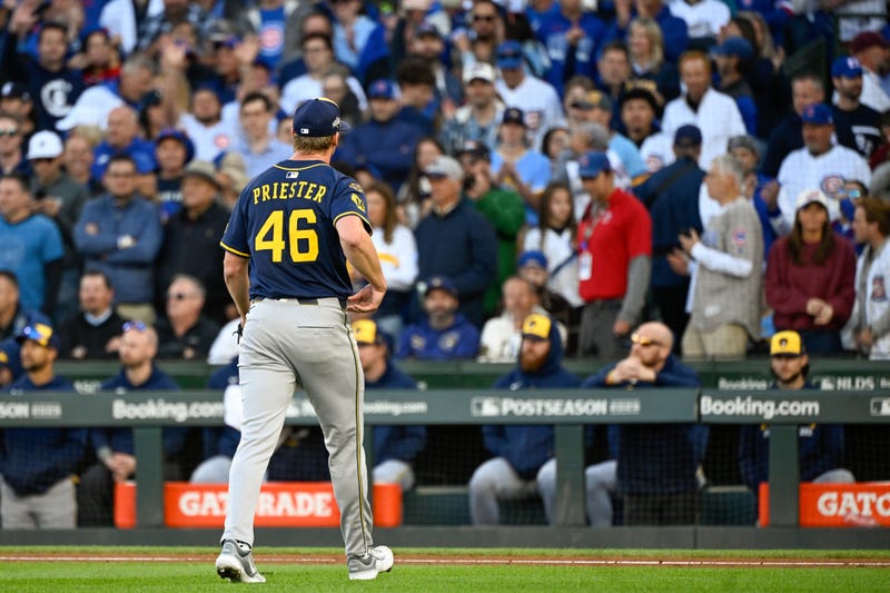 Oct 8, 2025; Chicago, Illinois, USA; Milwaukee Brewers pitcher Quinn Priester (46) heads to the dugout after being relieved against the Chicago Cubs in the first inning during game three of the NLDS round for the 2025 MLB playoffs at Wrigley Field. Mandatory Credit: Matt Marton-Imagn Images