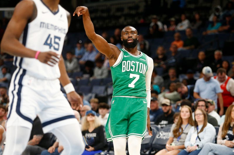 Jaylen Brown (7) reacts after shooting for three during the first quarter against the Memphis Grizzlies at FedExForum.