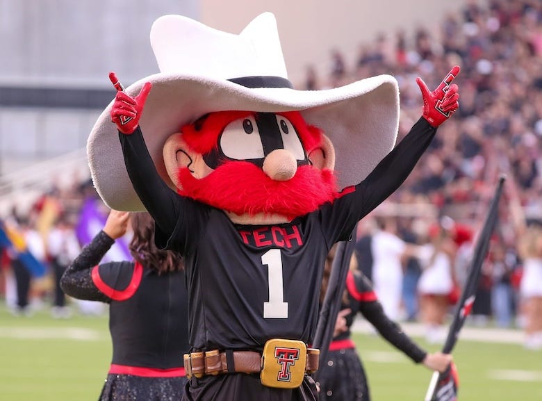 The Texas Tech mascot gestures to the crowd before a Big 12 Conference football game, Saturday, Oct. 11, 2025, at Jones AT&T Stadium in Lubbock