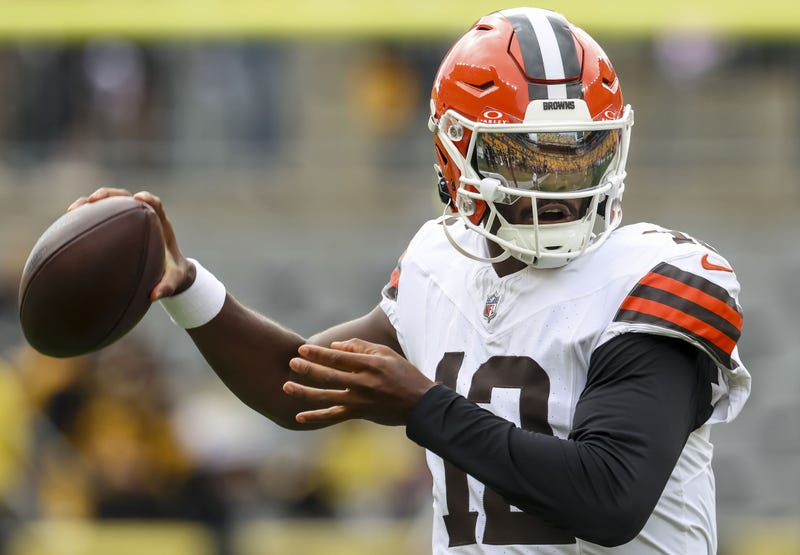 Oct 12, 2025; Pittsburgh, Pennsylvania, USA; Cleveland Browns quarterback Shedeur Sanders (12) warms up before the game at at Acrisure Stadium. 