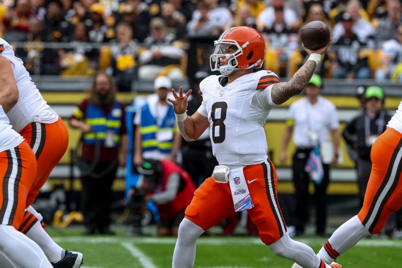 Oct 12, 2025; Pittsburgh, Pennsylvania, USA; Cleveland Browns quarterback Dillon Gabriel (8) attempts a pass during the first quarter at Acrisure Stadium. Mandatory Credit: Charles LeClaire-Imagn Images