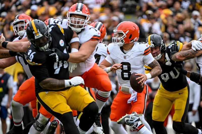 Oct 12, 2025; Pittsburgh, Pennsylvania, USA; Cleveland Browns quarterback Dillon Gabriel (8) looks to make a pass during the second quarter at Acrisure Stadium. Mandatory Credit: Barry Reeger-Imagn Images