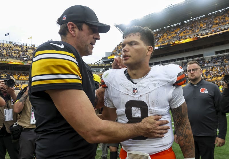 Oct 12, 2025; Pittsburgh, Pennsylvania, USA; Pittsburgh Steelers quarterback Aaron Rodgers (8) and Cleveland Browns quarterback Dillon Gabriel (8) after the game at Acrisure Stadium.