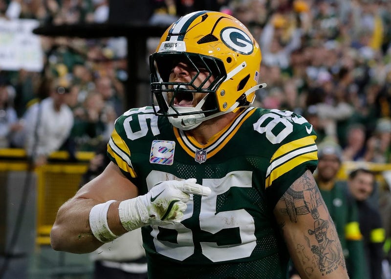 Green Bay Packers tight end Tucker Kraft (85) celebrates a touchdown during a game against the Cincinnati Bengals on Oct. 12, 2025, at Lambeau Field in Green Bay, Wis. The Packers defeated the Bengals 27-18.