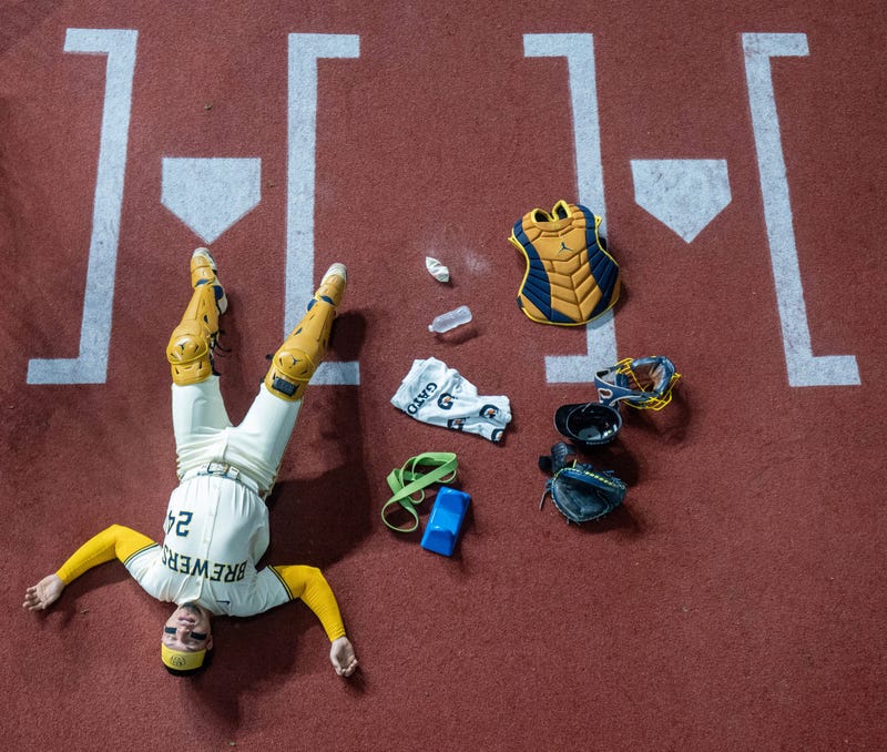 Milwaukee Brewers catcher William Contreras (24) warms up before their National League Championship Series game against the Los Angeles Dodgers October 13, 2025 at American Family Field in Milwaukee, Wisconsin.