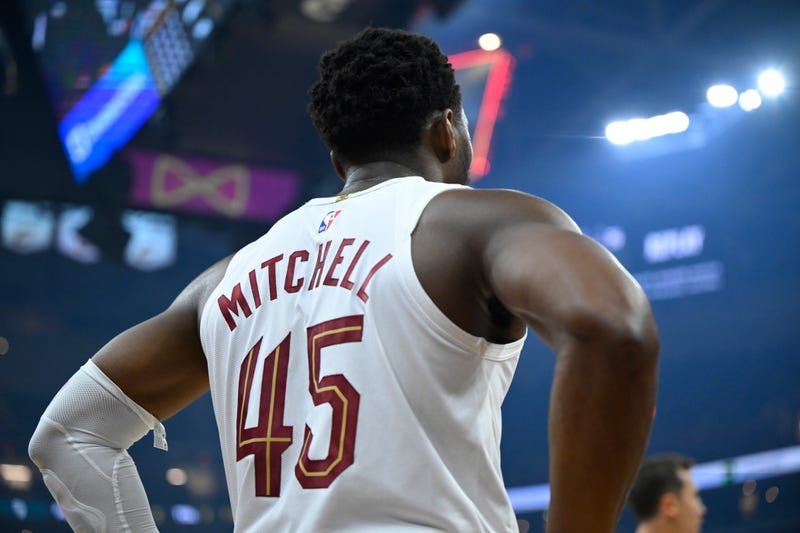 Cleveland Cavaliers guard Donovan Mitchell (45) stands on the court in the first quarter against the Detroit Pistons at Rocket Arena.