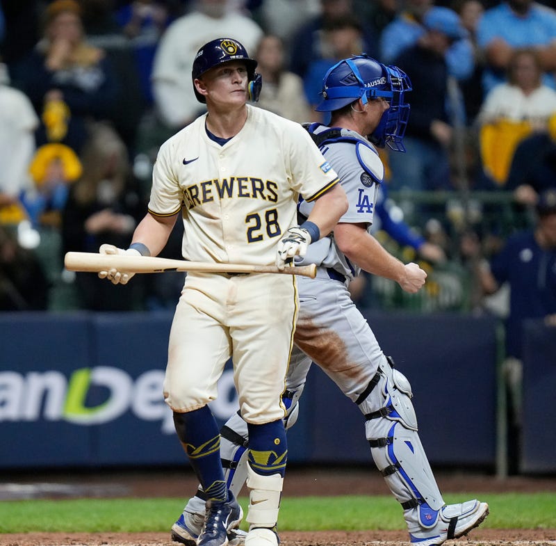 Milwaukee Brewers first baseman Andrew Vaughn (28) reacts after striking out swinging during the ninth inning of the National League Championship Series game October 14, 2025 at American Family Field in Milwaukee, Wisconsin.