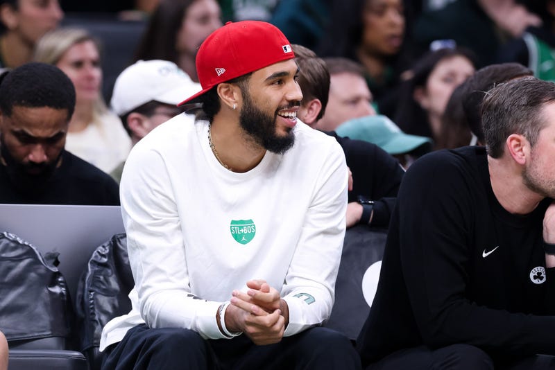 Boston Celtics forward Jayson Tatum (0) reacts during the first half against the Toronto Raptors at TD Garden.