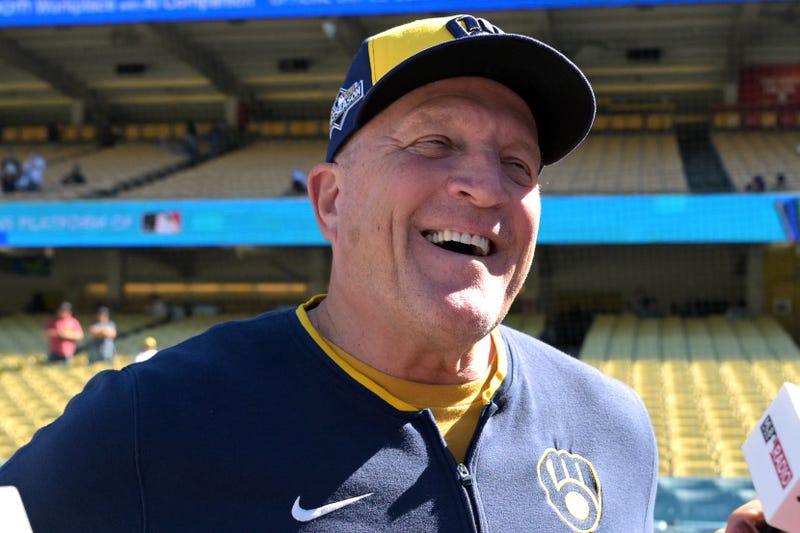 Oct 16, 2025; Los Angeles, California, USA; Milwaukee Brewers manager Pat Murphy (49) speaks to media on the field before game three against the Los Angeles Dodgers in the NLCS round for the 2025 MLB playoffs at Dodger Stadium. Mandatory Credit: Jayne Kamin-Oncea-Imagn Images