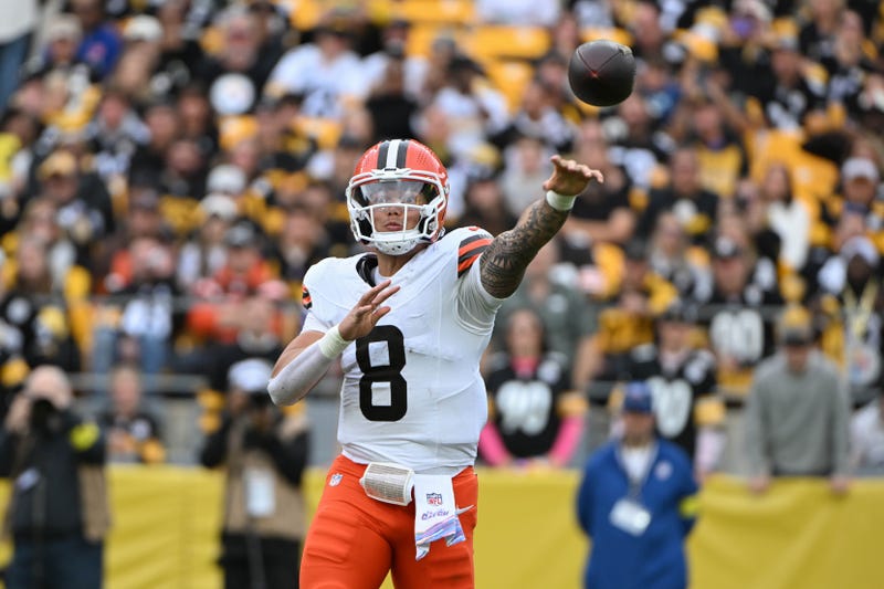 Oct 12, 2025; Pittsburgh, Pennsylvania, USA; Cleveland Browns quarterback Dillon Gabriel (8) throws a pass against the Pittsburgh Steelers during the second quarter at Acrisure Stadium. Mandatory Credit: Barry Reeger-Imagn Images