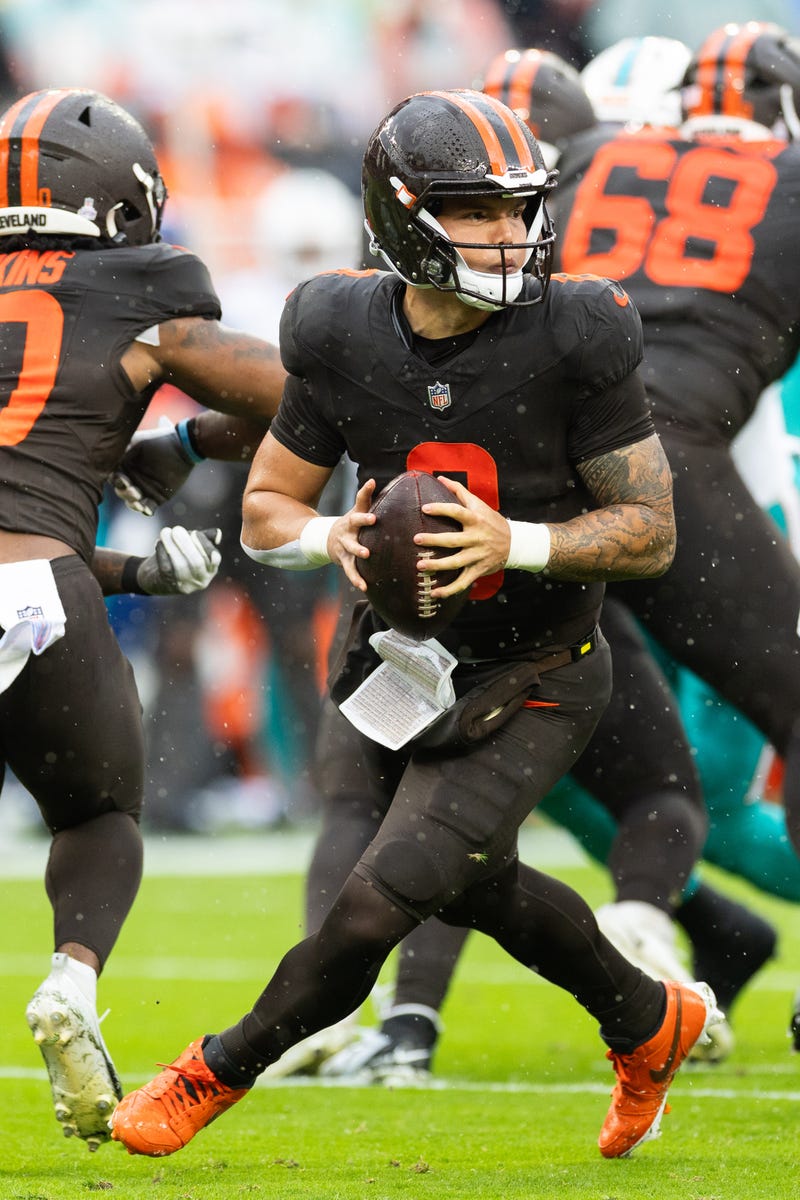 Oct 19, 2025; Cleveland, Ohio, USA; Cleveland Browns quarterback Dillon Gabriel (8) looks to pass the ball against the Miami Dolphins during the first quarter at Huntington Bank Field. Mandatory Credit: Scott Galvin-Imagn Images