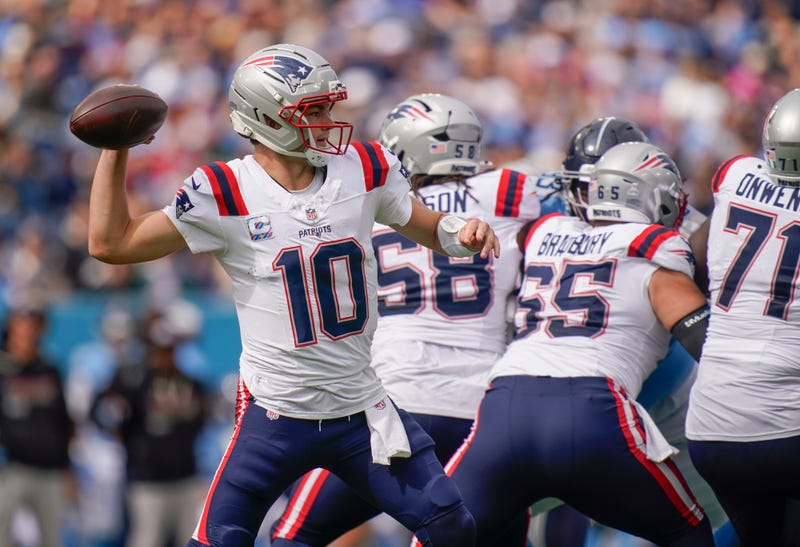 Patriots quarterback Drake Maye (10) fires the ball downfield during the first quarter against the Tennessee Titans at Nissan Stadium in Nashville