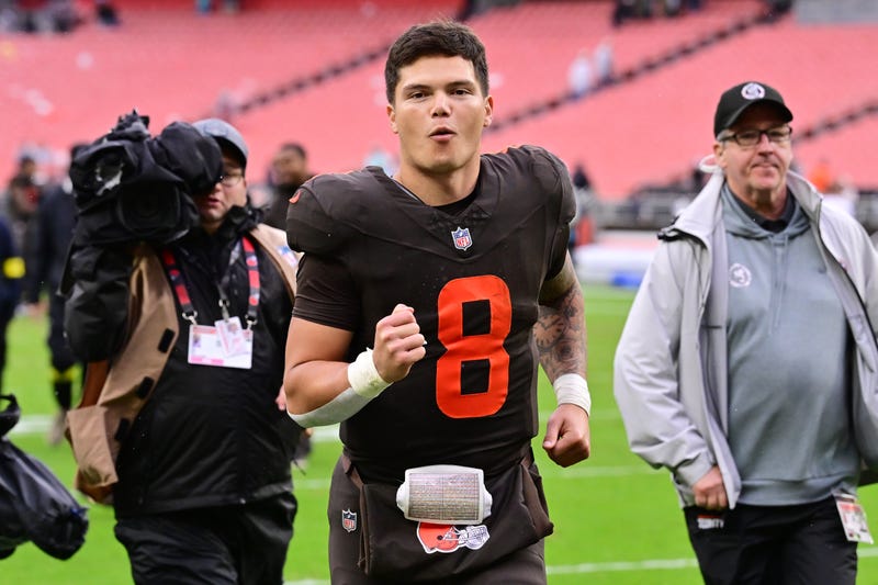 Oct 19, 2025; Cleveland, Ohio, USA; Cleveland Browns quarterback Dillon Gabriel (8) celebrates after the Browns beat the Miami Dolphins at Huntington Bank Field. Mandatory Credit: Ken Blaze-Imagn Images