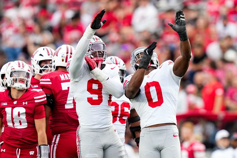 Ohio State Buckeyes safety Malik Hartford (9) and Sonny Styles (0) react during the game against the Wisconsin Badgers at Camp Randall Stadium on Saturday, Oct. 18, 2025 in Madison, Wisconsin.