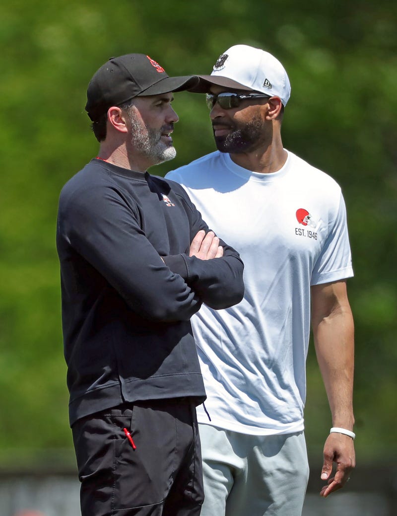 Cleveland Browns coach Kevin Stefanski and general manager Andrew Berry watch practice from the sideline during Day 2 of rookie minicamp May 10, 2025, in Berea.