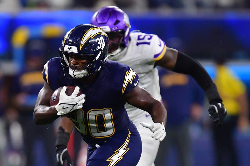 The Vikings spent most of Thursday night chasing Los Angeles Chargers running back Kimani Vidal (30) from behind. Vidal and QB Justin Herbert gashed them on the ground for over 200 yards in the 37-10 loss.