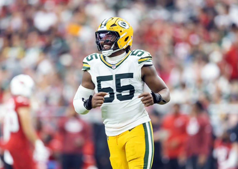 Oct 19, 2025; Glendale, Arizona, USA; Green Bay Packers defensive lineman Kingsley Enagbare (55) against the Arizona Cardinals at State Farm Stadium. Mandatory Credit: Mark J. Rebilas-Imagn Images