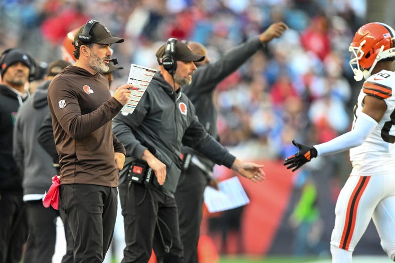 Oct 26, 2025; Foxborough, Massachusetts, USA; Cleveland Browns head coach Kevin Stefanski reacts during the third quarter against the New England Patriots at Gillette Stadium.