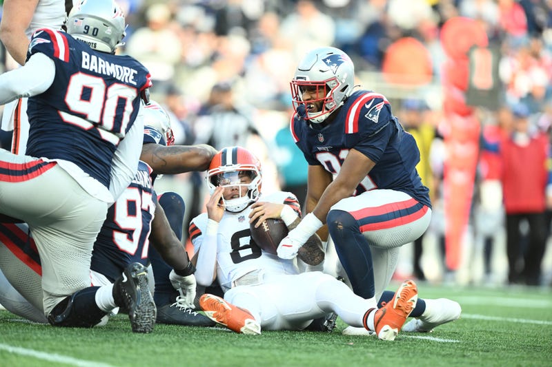 Oct 26, 2025; Foxborough, Massachusetts, USA; Cleveland Browns quarterback Dillon Gabriel (8) is sacked during the fourth quarter against the New England Patriots at Gillette Stadium.