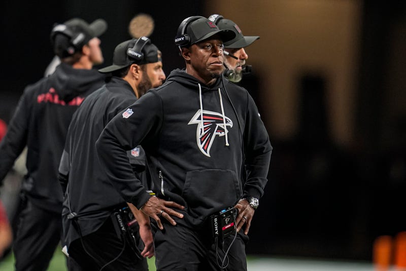 Atlanta Falcons head coach Raheem Morris is shown reacting on the sideline against the Miami Dolphins during the second half at Mercedes-Benz Stadium.