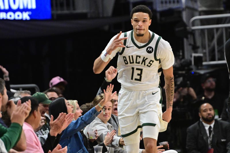 Oct 28, 2025; Milwaukee, Wisconsin, USA; Milwaukee Bucks guard Ryan Rollins (13) reacts after scoring a 3-point basket in the 3rd quarter against the New York Knicks at Fiserv Forum. Mandatory Credit: Benny Sieu-Imagn Images