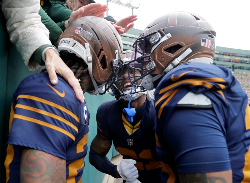 Green Bay Packers safety Xavier McKinney (29), left, cornerback Nate Hobbs (21) and cornerback Keisean Nixon (25) celebrate a first half interception against the Carolina Panthers on Sunday, November 2, 2025, at Lambeau Field in Green Bay, Wis. Carolina defeated Grewen Bay 16-13. Wm. Glasheen USA TODAY NETWORK-Wisconsin