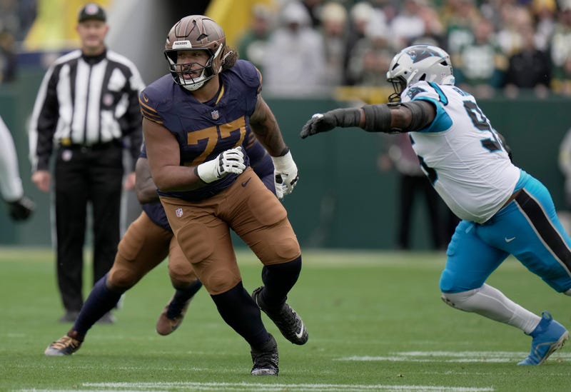 Green Bay Packers guard Jordan Morgan (77) is shown during the first quarter of their game against the Carolina Panthers Sunday, November 2, 2025 at Lambeau Field in Green Bay, Wisconsin.