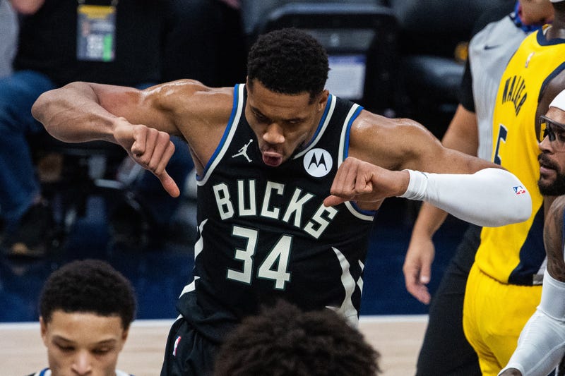 Nov 3, 2025; Indianapolis, Indiana, USA; Milwaukee Bucks forward Giannis Antetokounmpo (34) taunts the Indiana Pacers fans after a basket in the first half at Gainbridge Fieldhouse. Mandatory Credit: Trevor Ruszkowski-Imagn Images